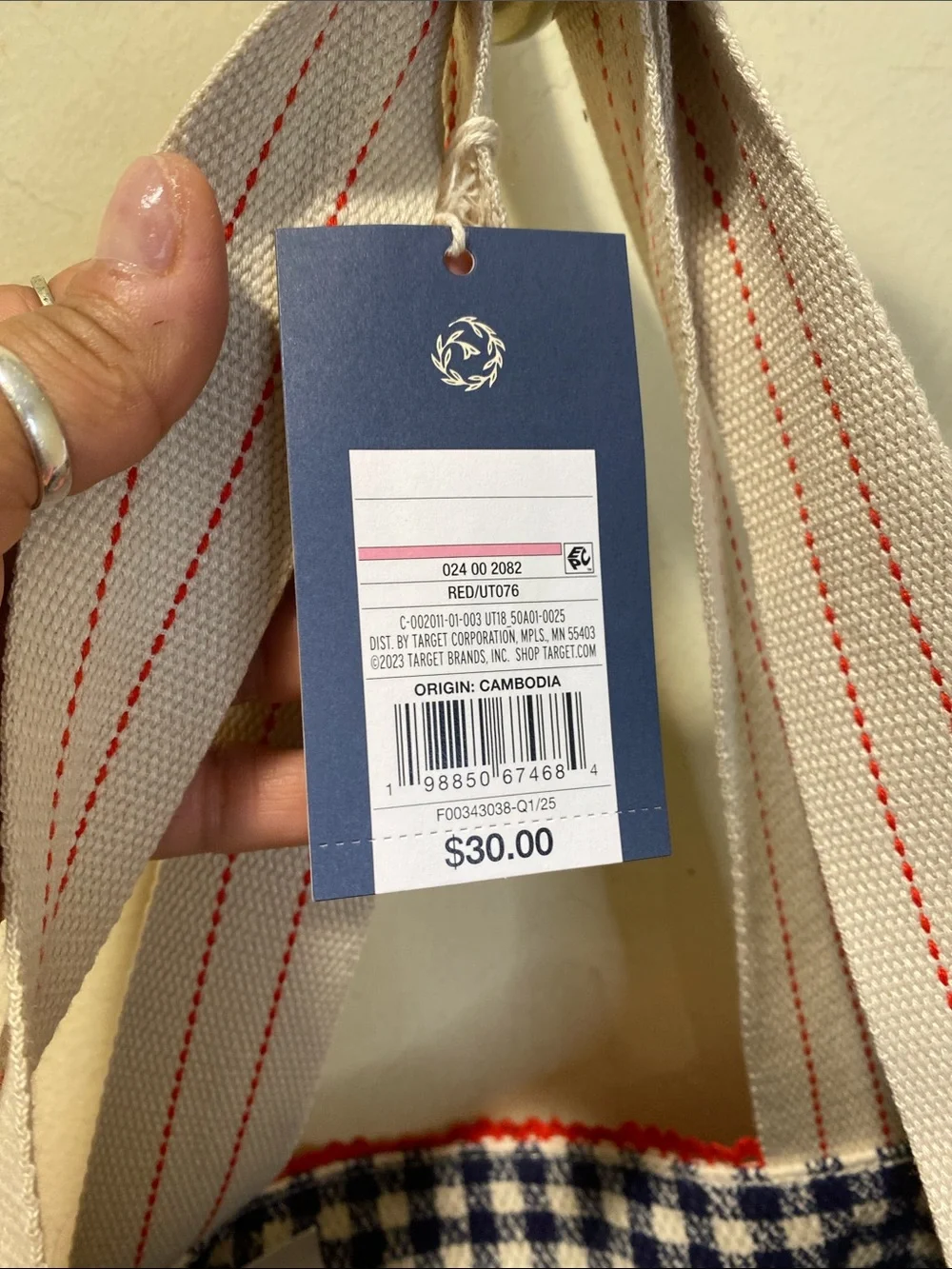 Universal Threads Reversable Red Gingham Canvas  Tote Bag  NWT